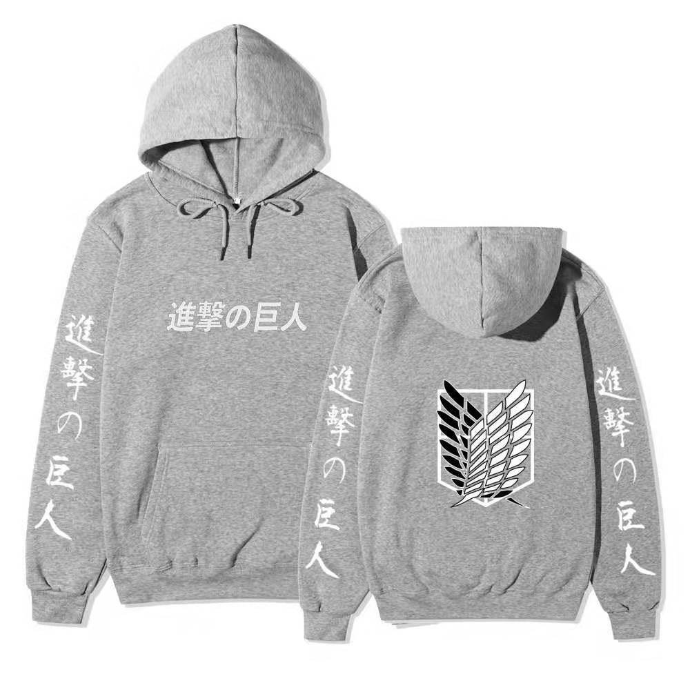 Attack on Titan Unisex Fleece Hoodie Front Japanese Text, Back Wings of Freedom Logo Autumn Winter Casual Pullover