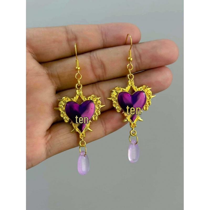 Dark Gem Blood Red Gothic Heart Rose Thorn Earrings - Original Halloween Design