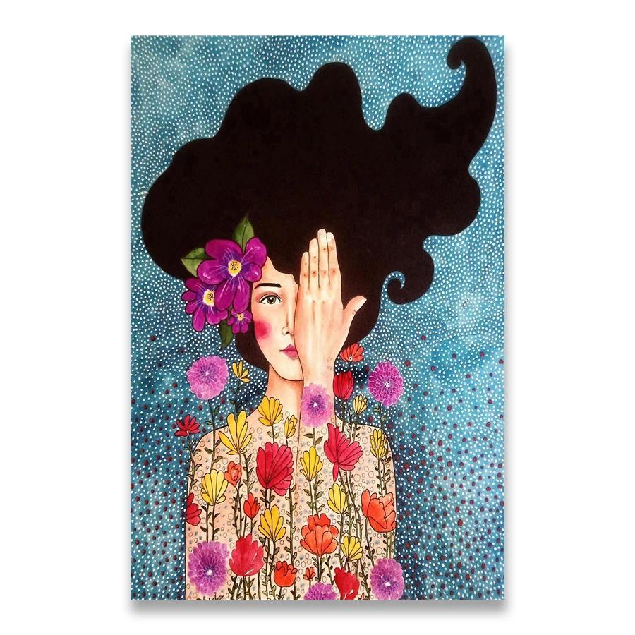 Vintage Abstract Girl Long Hair Flower Women Wall Art Canvas Painting Fashion Poster Wall Pictures For Living Room Home Decor