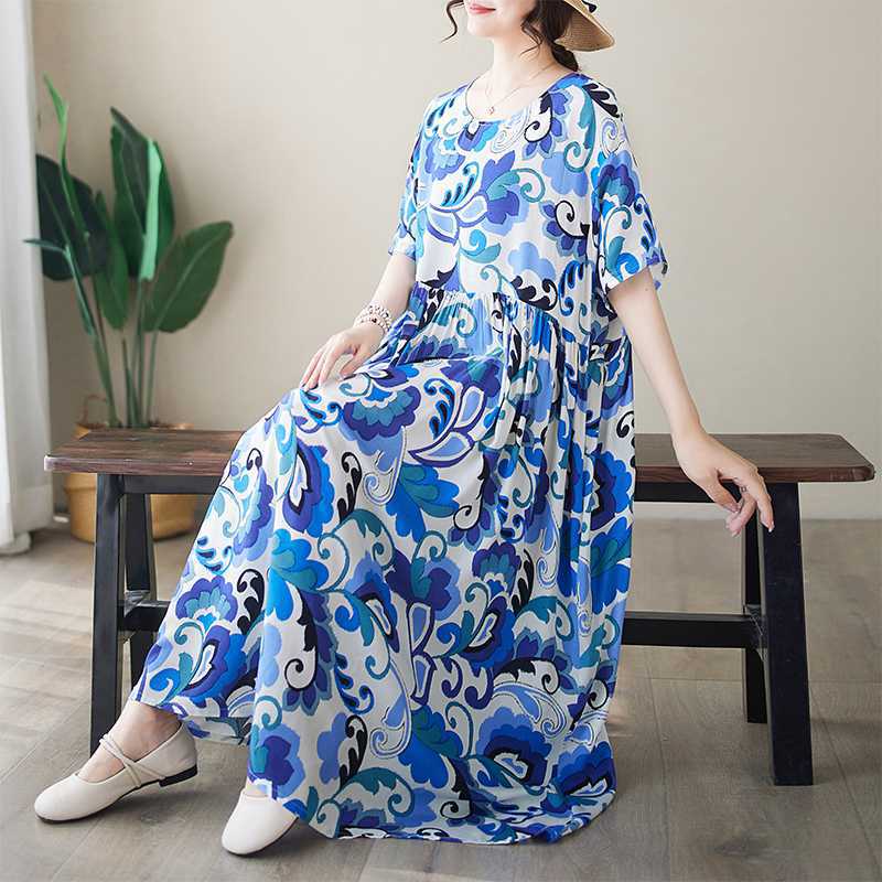 

Простые Модные Летние Новые Платья Большого Размера с Круглым Вырезом и Принтом One Size синий