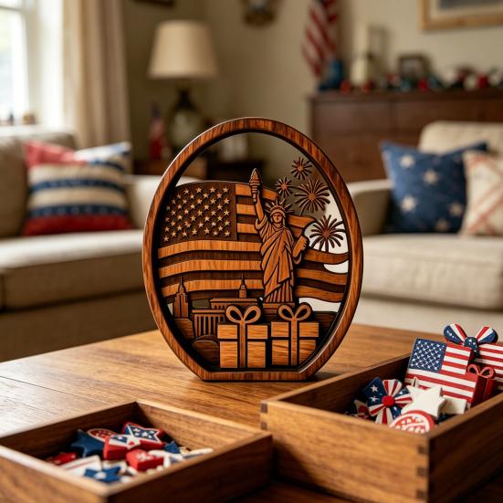 Patriotic 4th of July Table Centerpiece Wooden America Flag Lady Liberty Standing Sign for Independence Day Farmhouse Tiered Tray Decor