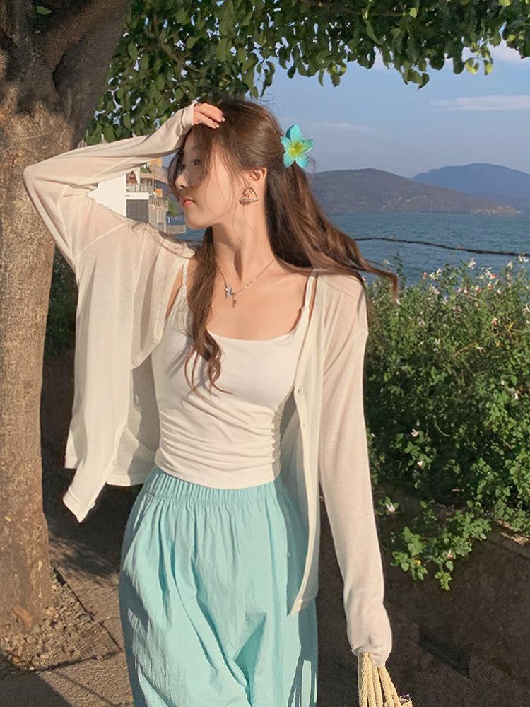 Women's Lightweight Sun Protection Cardigan & Camisole Set - Thin Knit Summer Cover-up Top