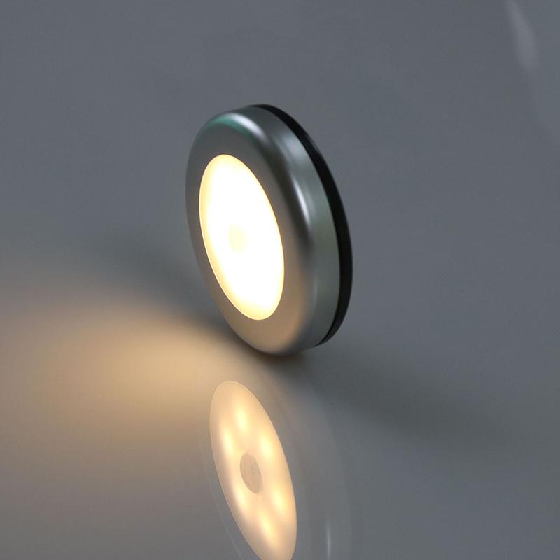 

Round 6 LED Body Induction Night Light, Perfect for the Bedroom Hallway Balcony Closet Wardrobe etc Silver shell warm white