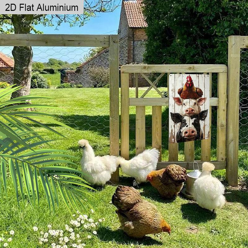 2D Flat 1pc Vintage Aluminum Sign Farm Animals Stacked Cow Pig Chicken Wall Decor Plaque for Home Kitchen Farmhouse Countryside Decor