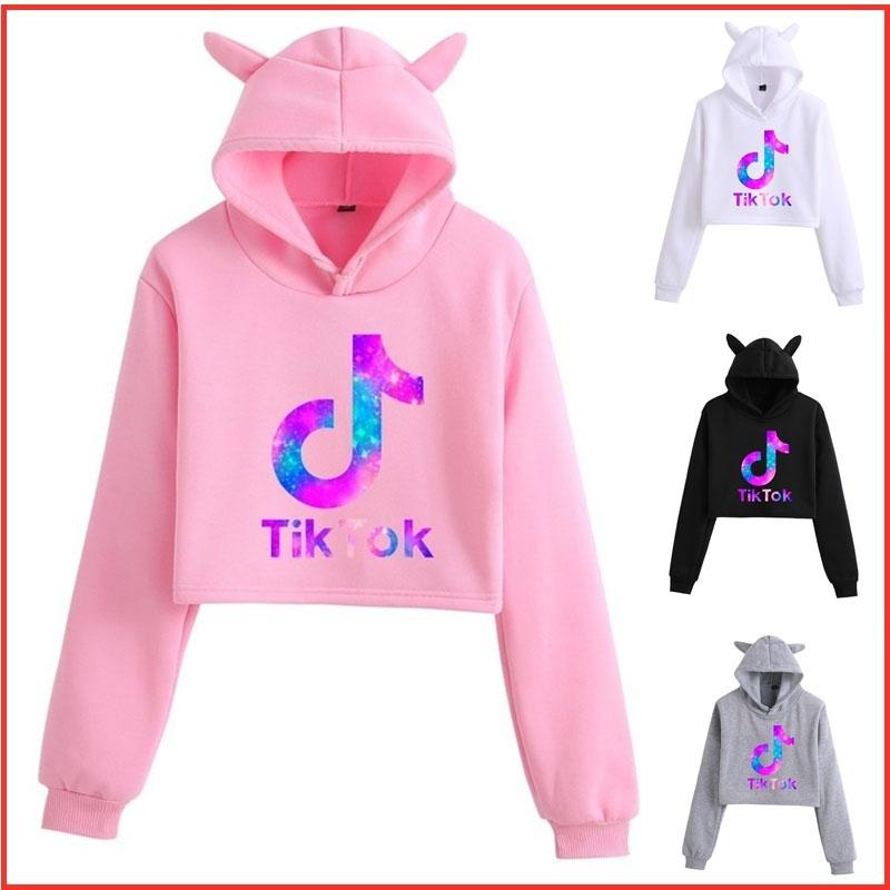 Buy ew Tik Tok Cat Ear Hoodie Women Casual Sports Short Cropped Hoodie Jumper Fashion Hip Hop
