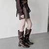 Skinny high-heeled boots 2025 autumn and winter new thick-heeled lace-up wrinkled stacked high boots female knight boots female