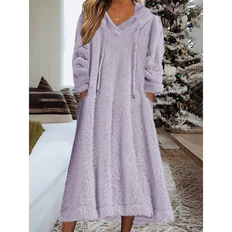 New Autumn Winter Casual Plush Hooded Long Sleeve Dress For Women Warm Home Wear Everyday Comfort Loose Maxi Dresses Robe Femme