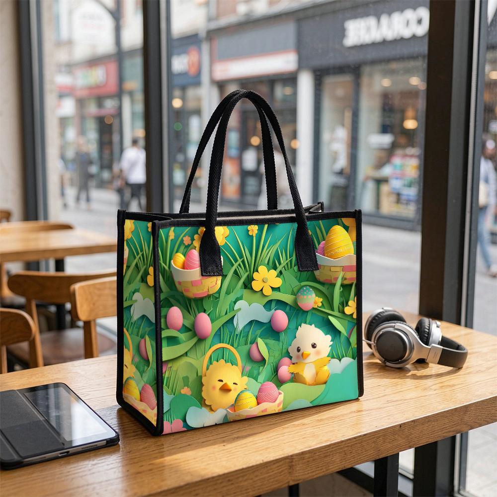 Easter Cartoon Tote Bag Cute Chick Print Large Capacity Daily Handbag for Shopping Travel Outdoor Use