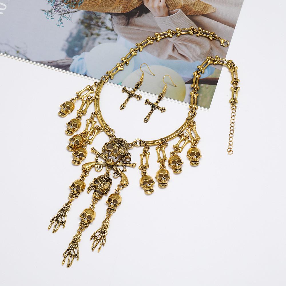 Skull Geometric Vintage Pendant Necklace With Tassel Chain For Gothic Punk Fans