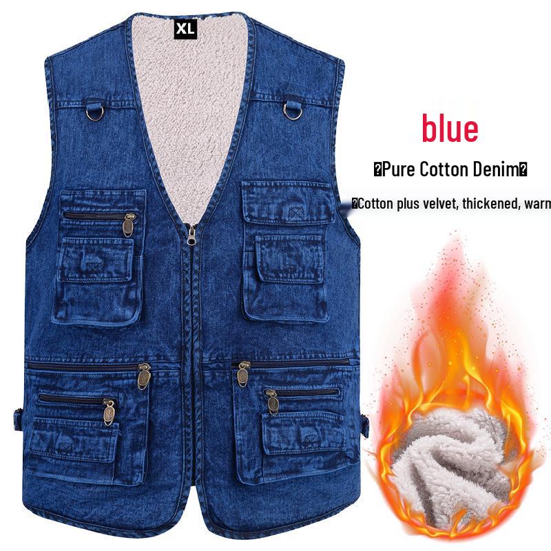 Herren-Jeans-Weste mit Baumwoll-Fleece-Futter - Große Größen, Warm, Mehrere Taschen, Herbst/Winter Freizeit-Weste