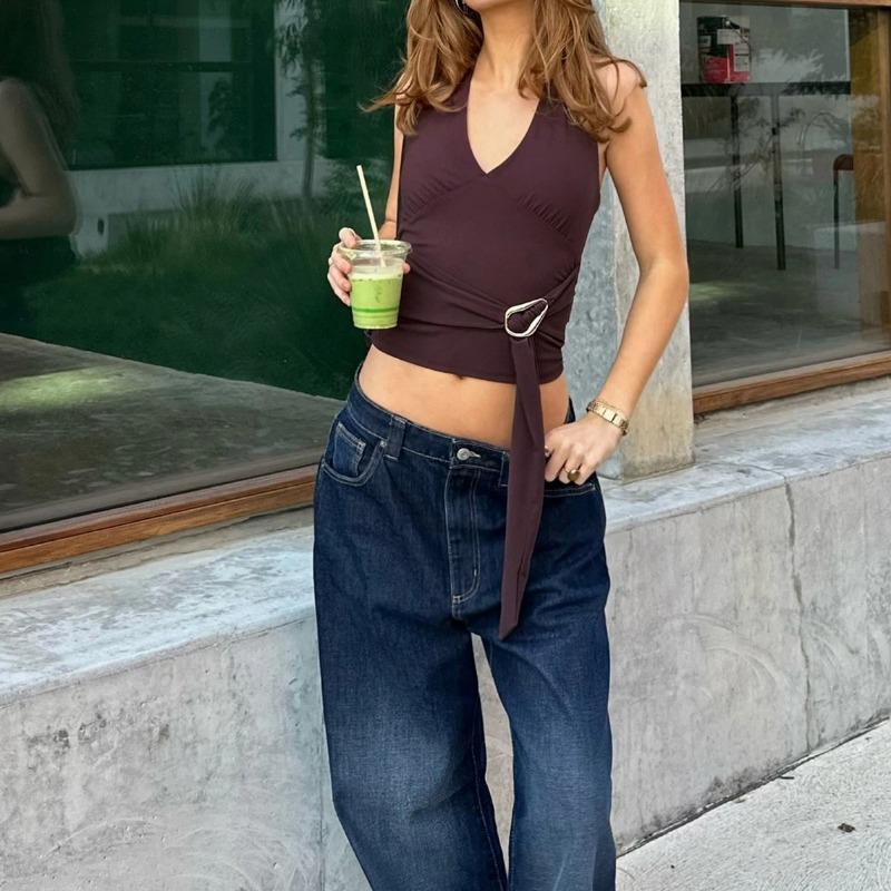 Women Summer Halter Neck Deep V Neck Wrap Front Buckle Tie Sleeveless Slim Fit Crop Tank Top