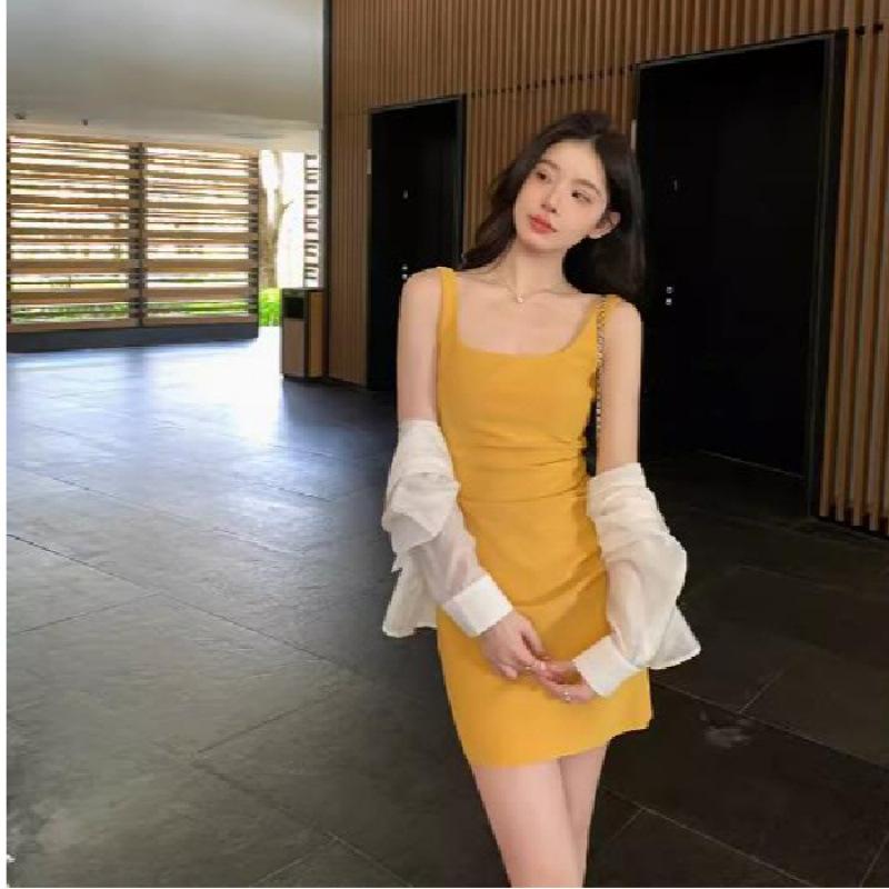 

Square Neck Backless Pleated Dress Womens Summer Age Reduction Slim Fit Waist Skirt XL жовтий