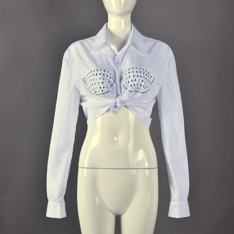 

Long Sleeved Trendy Shirt for Women31511 Hot Drilling Long Sleeves Street Hipster Shirt White S