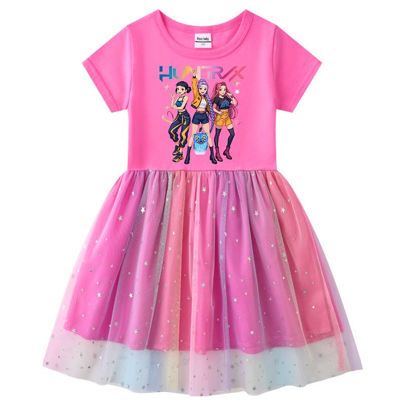 Vestido de Princesa de Malla con Lentejuelas Kpop Demon Slayer para Niñas - Manga Corta