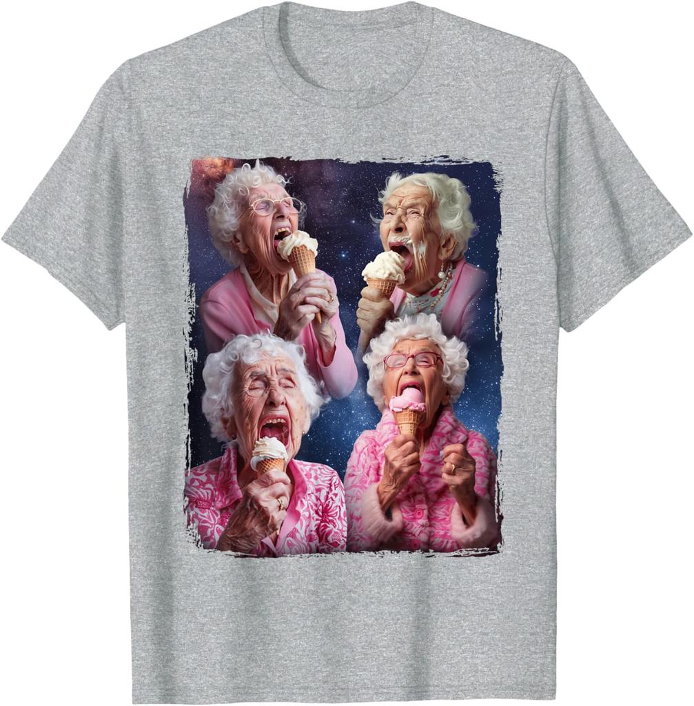 Novelty Grandma Licking Ice Cream Unisex T Shirt Cotton Tee Unisex Oversized Loose Summer ONeck Casual Streetwear Humor Funny Tops