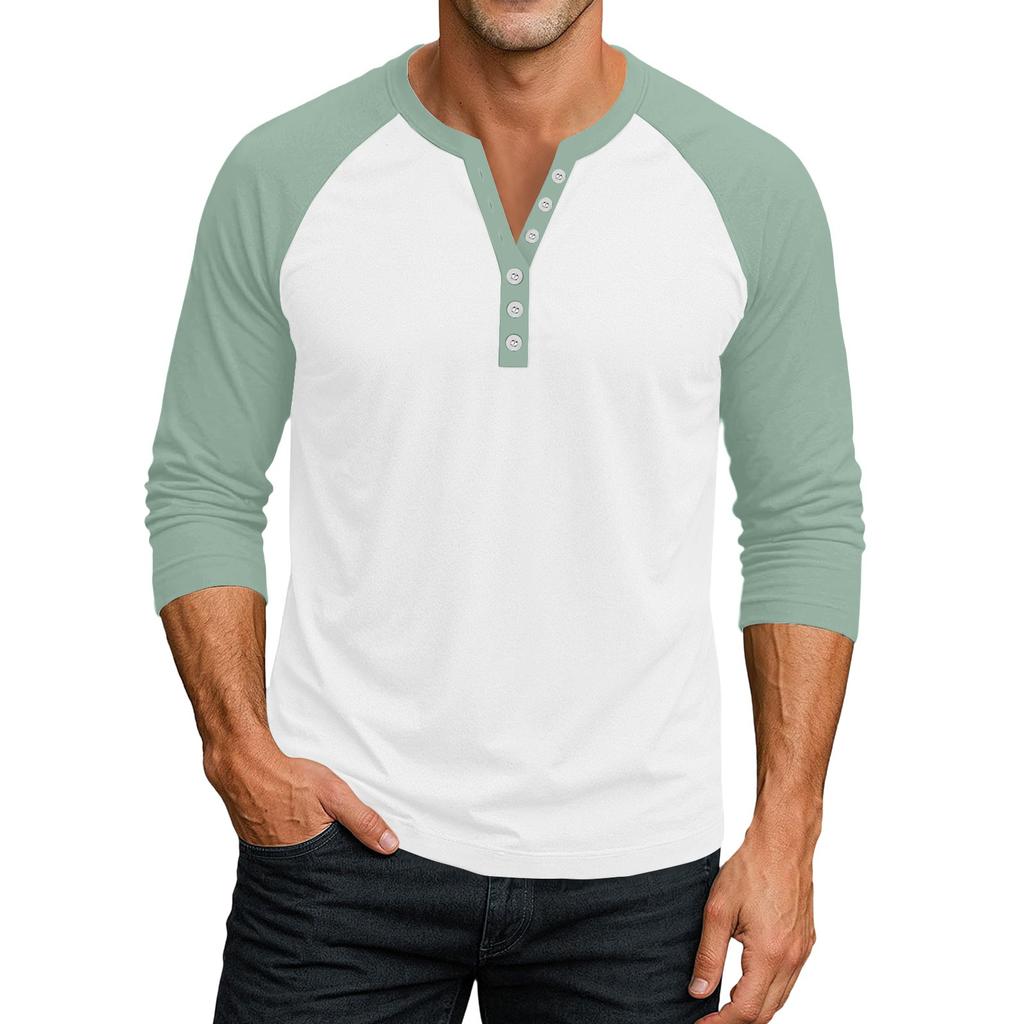 Men's Button-Down Contrast Raglan 3/4 Sleeve Top