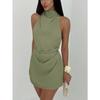 Women's Satin Halter Neck Mini Dress Backless Draped Waist Sleeveless Elegant Cocktail Party Evening Clubwear Short Dress 4 Colors