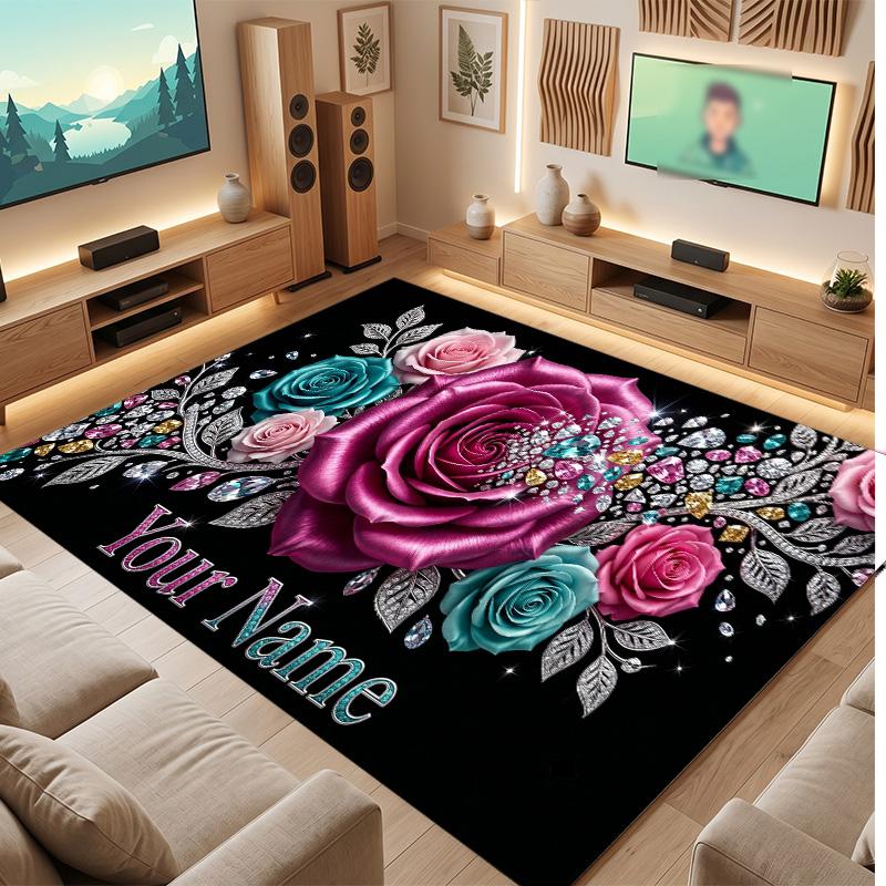 Floral Garden Theme Soft Crystal Velvet Rug Custom Name & Text Print Non Slip Floor Rug for Bedroom Living Room
