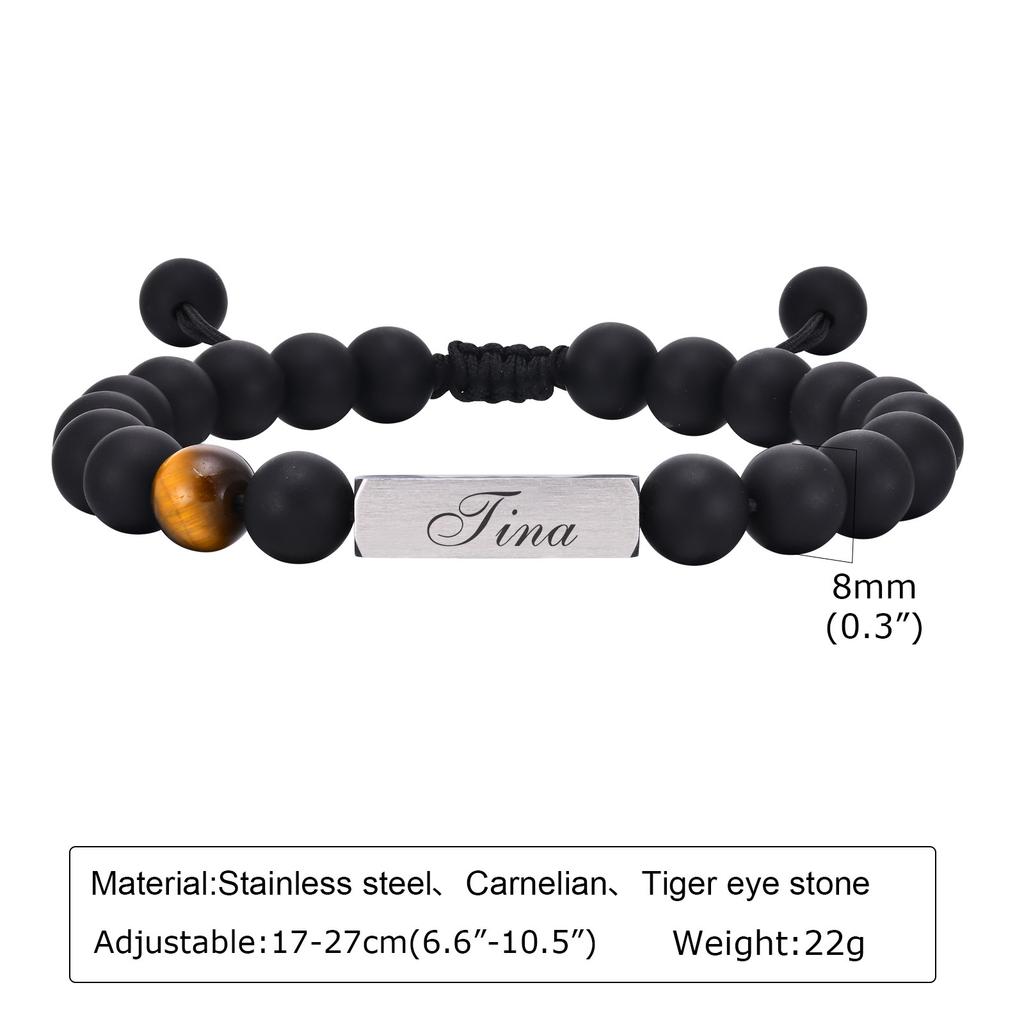 Personalized Beaded Bracelets for Men Boys,Adjustable Nartual Stone Stainless Steel Name Bar Wristband,Father Boyfriend Gifts