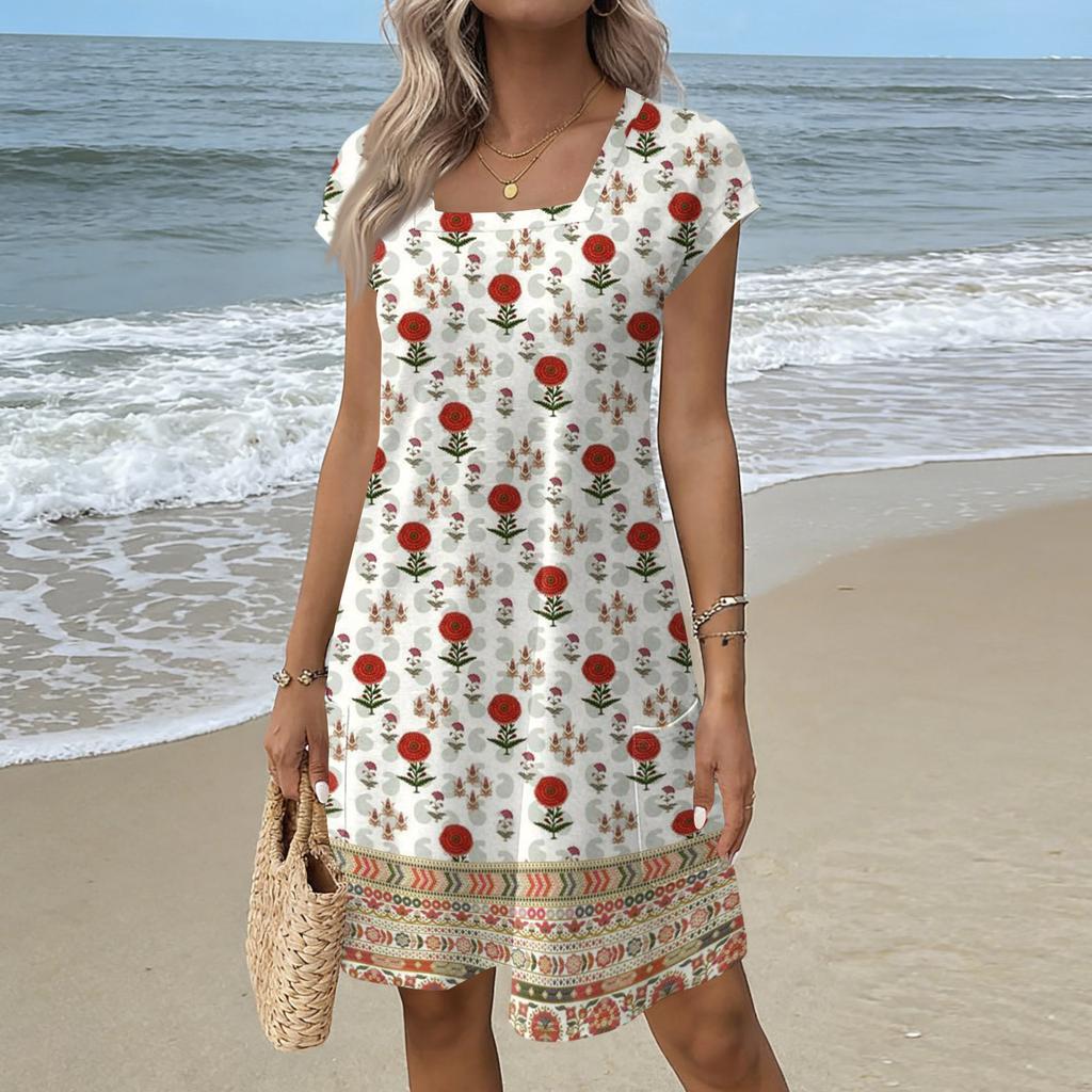 Summer Dresses For Women Loose Square Neck Cap Sleeve Casual Beach Vacation Tshirt Dress Sundresses With Pockets