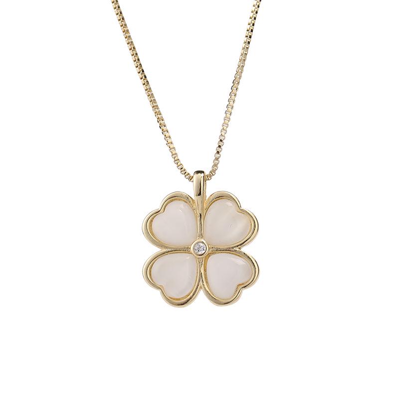 Korean Style Cat's Eye Stone Clover Heart Necklace - Minimalist Gold Clavicle Chain for Women
