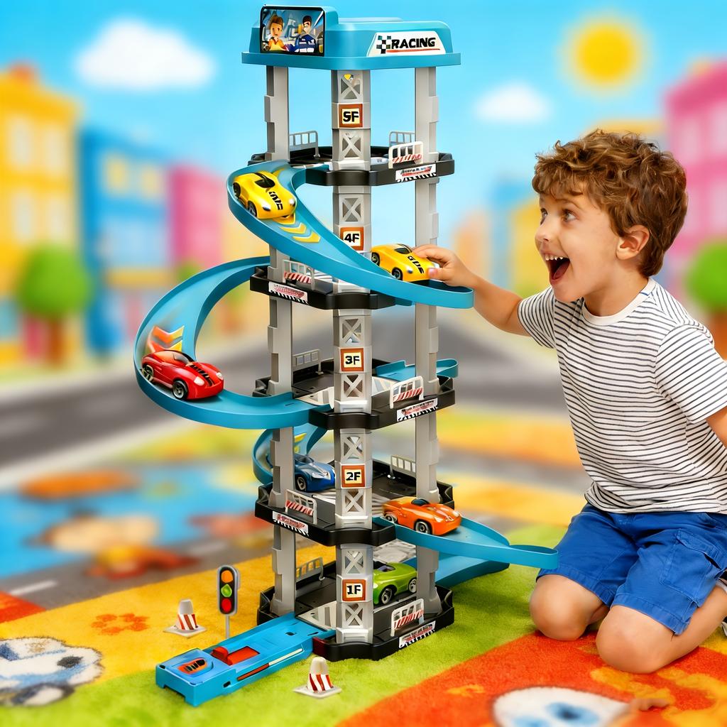 5-Level 3D Parking Garage Track Playset with 2 Cars, 360° Rotating, Drift Tracks, Helipad & Launcher | DIY Assembly Educational Toy