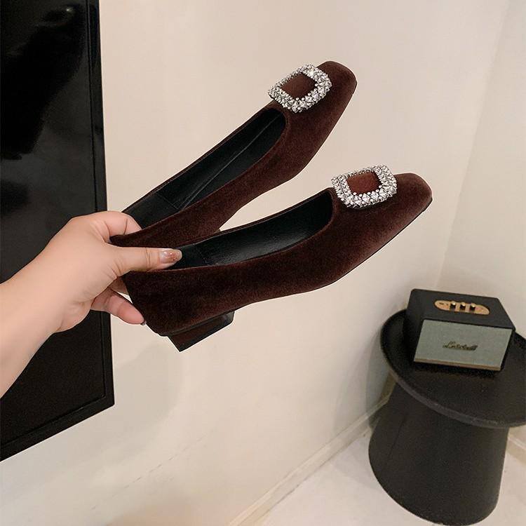 Sheepskin version~ Square head thick heel rhinestone Mary Jane shoes femininity shallow mouth commuting occupation not tired feet ladyshoes single sho