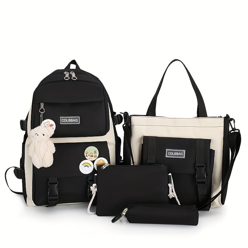

4pcs/ set Simple Casual Backpack Large Capacity Schoolbag Travel Bag Canvas Shoulder Bag, For Teenager чорний