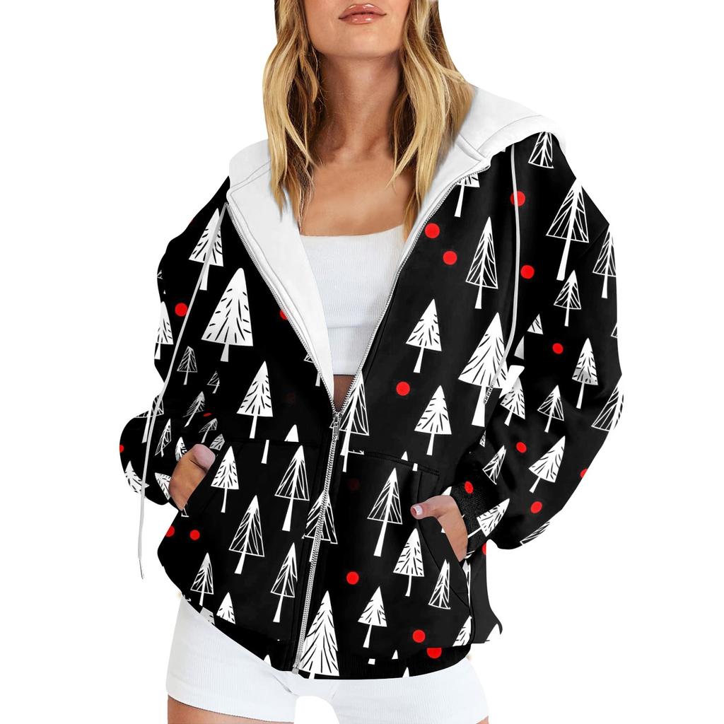 Ladies Fashion Casual Christmas Print Sweatshirt Autumn Winter Long Sleeve Cardigan Jacket With Pocket Zipper Hoodie Jacket