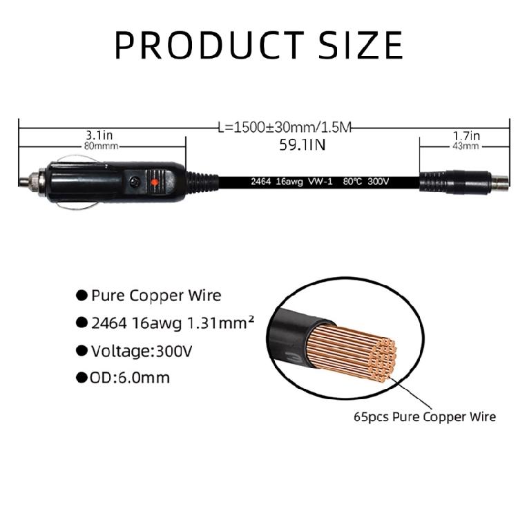 1.5M Car Charger Male Plug to DC8020 Adapter Cord Easy Connection Line with Indication Light for Mobile Power Supply