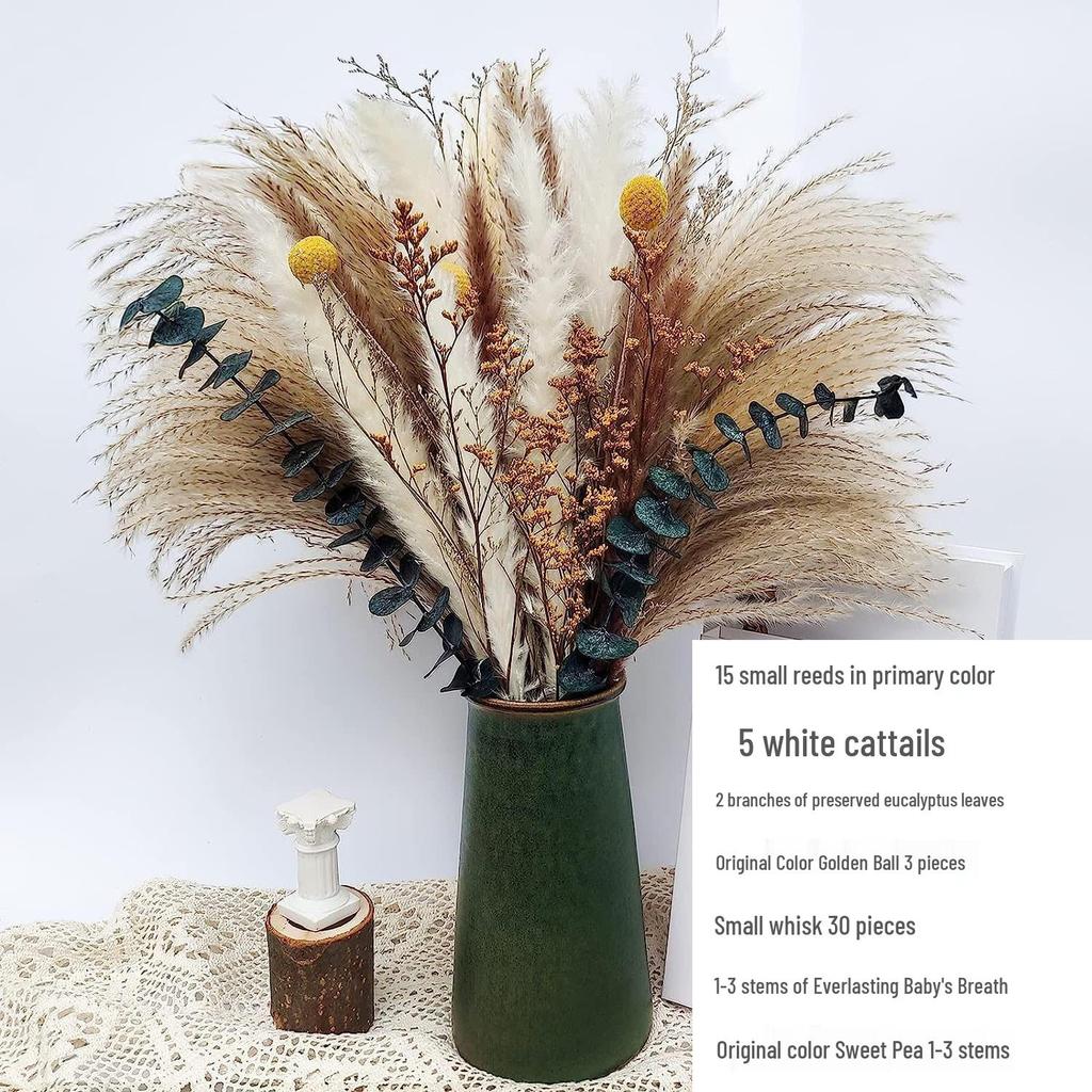 Nordic Style Dried Flower Bouquet: Mixed Arrangement with Small Reeds, Bunny Tail Grass, and Duster for Home Decoration.