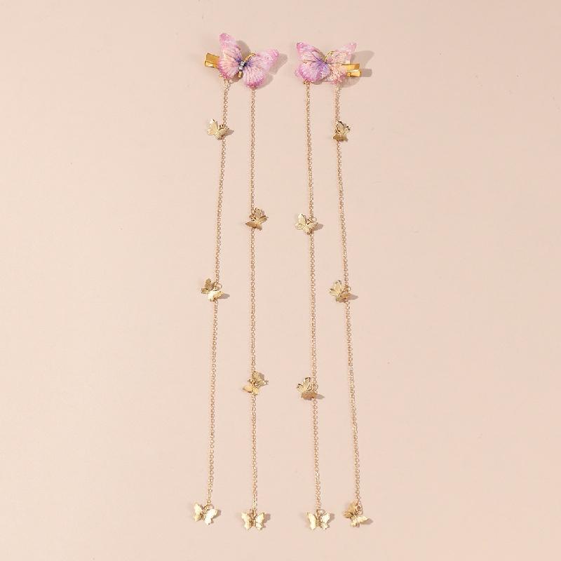 

2 шт. Винтажный стиль для девочек, Газовая бабочка, Длинная цепочка, Зажим-краб, Заколка для волос, Повседневная, Дорожная заколка для волос, Головной убор