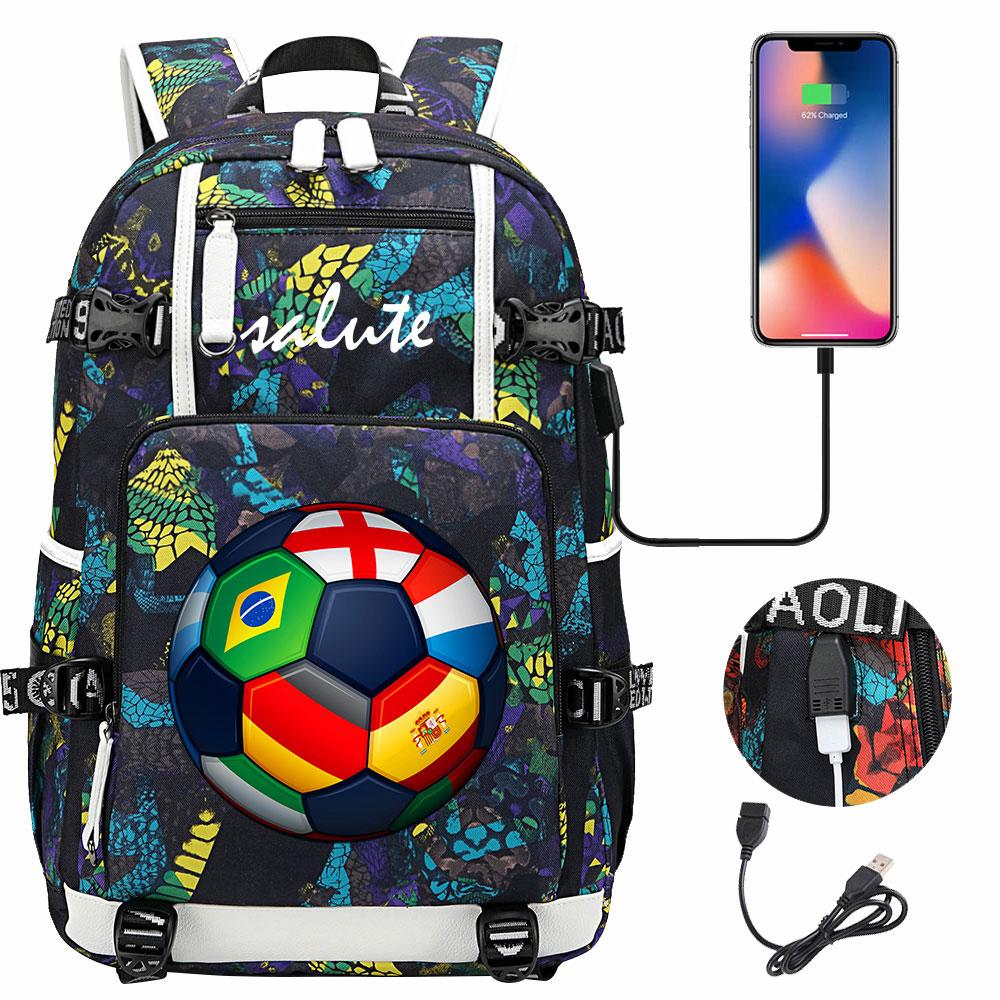 Soccer Print College Student Backpack with USB Charging Port Large Capacity Back To School Bags Women Men Laptop Travel Mochila