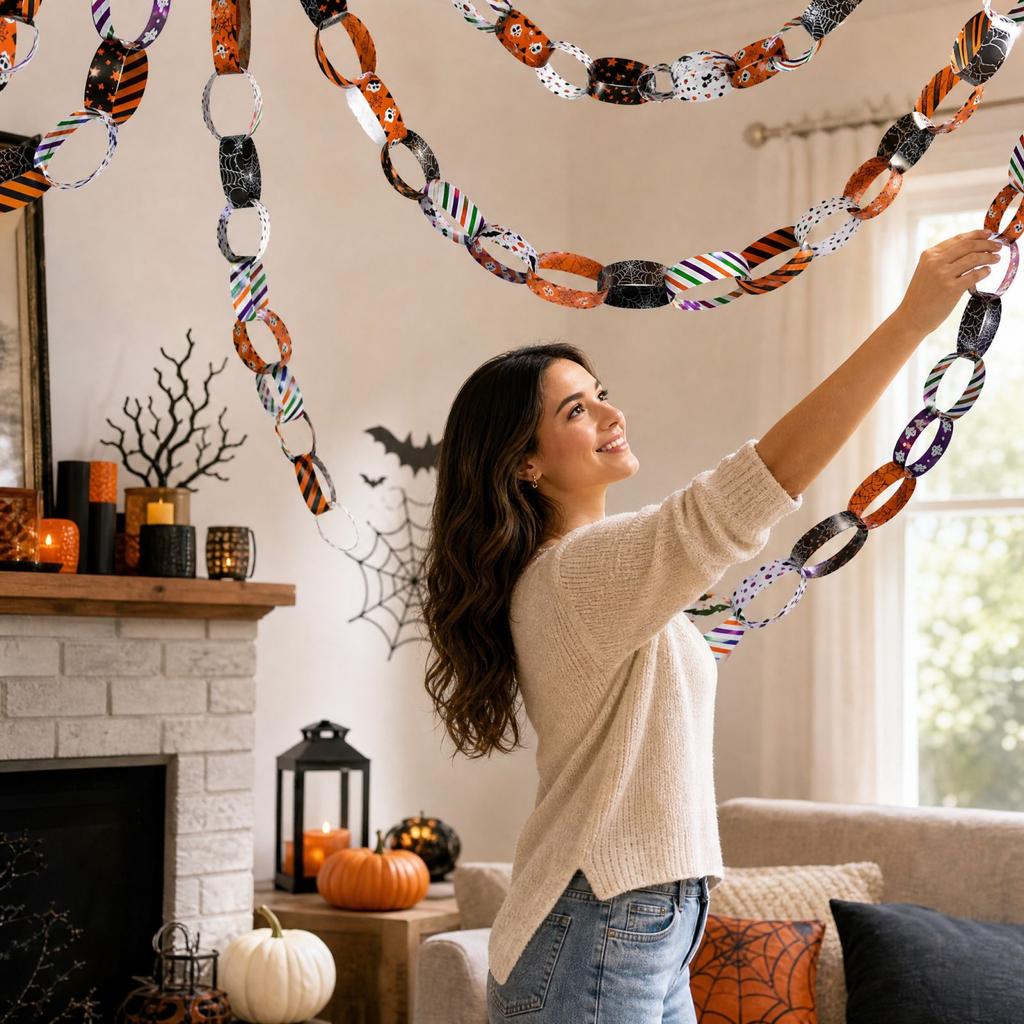 Halloween Party Atmosphere Scene Living Room Atmosphere Layout -Paper Chain Paper String Flower