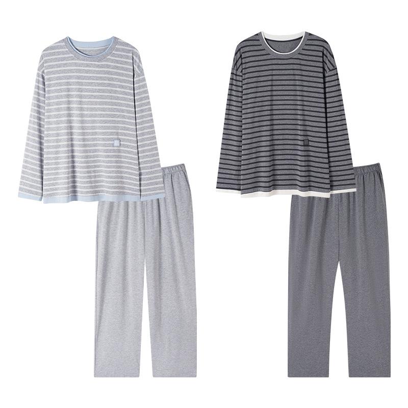 Super Soft Modal Couple Pajamas Men'S And Women'S Spring And Autumn Crew Neck Long Sleeve Casual Striped Loungewear Set