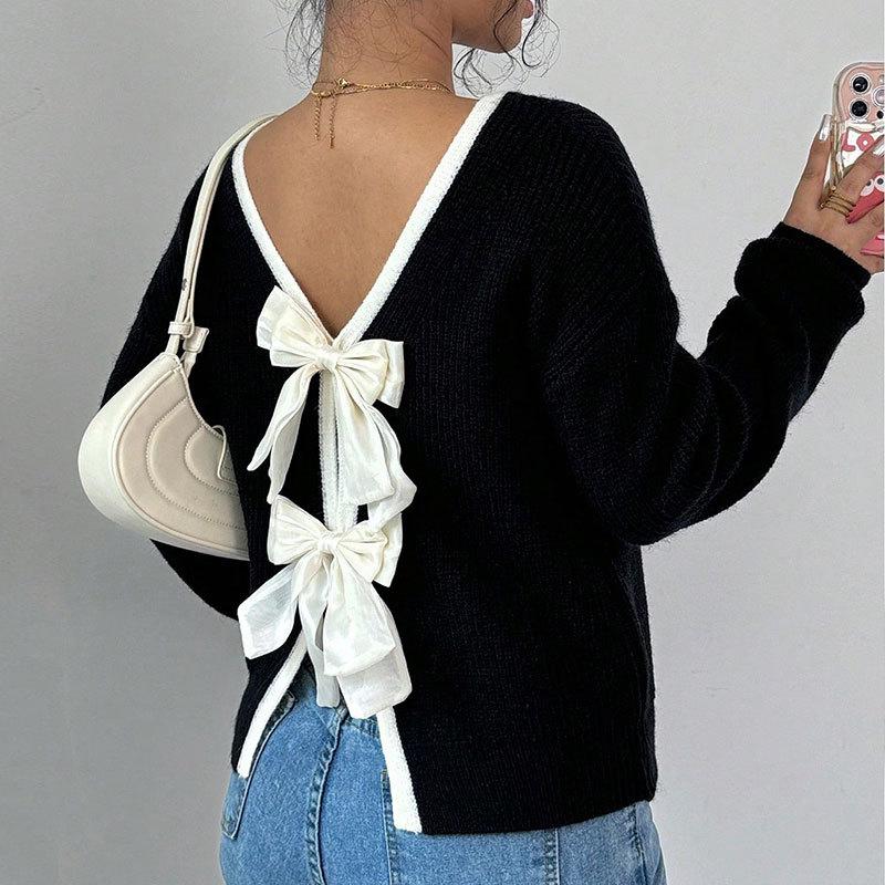 Women Autumn Winter Pullovers Sweaters Fashion Back Bow Decoration O-neck Long Sleeve Knitted Sweater Tops S