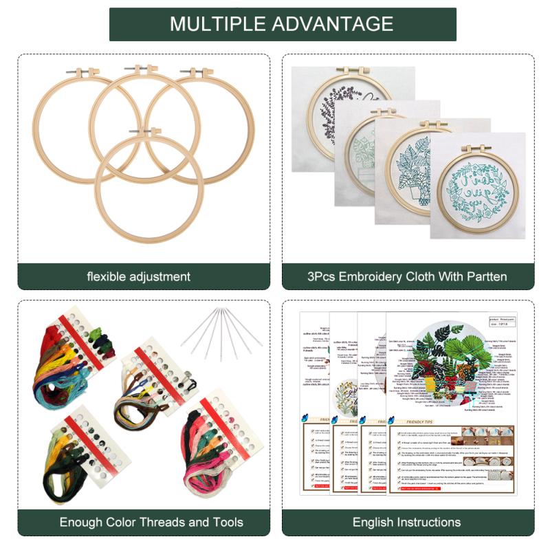 4 szt. Kwiat Doniczkowy Haft Zestaw Tkanin z Zestawami Materiałów DIY 15 cm + 20 cm Bambusowy Haft