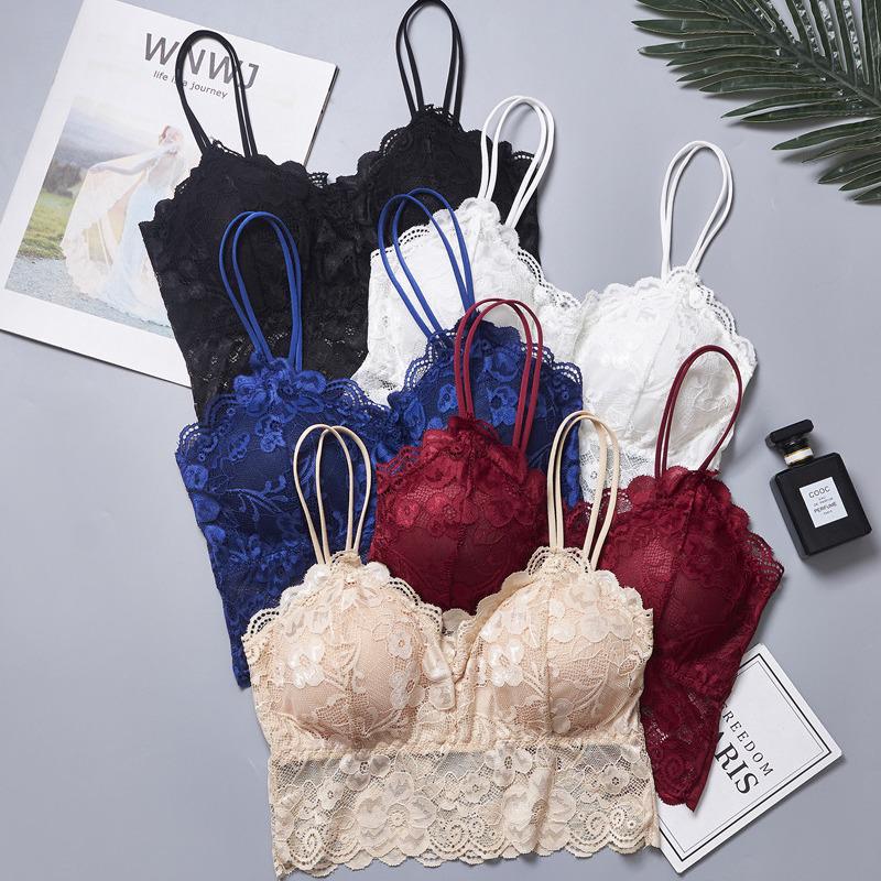 Damski koronkowy biustonosz bandeau plus size z wkładkami i ramiączkami spaghetti - Bezramiączkowa koszulka camisole na piękne plecy