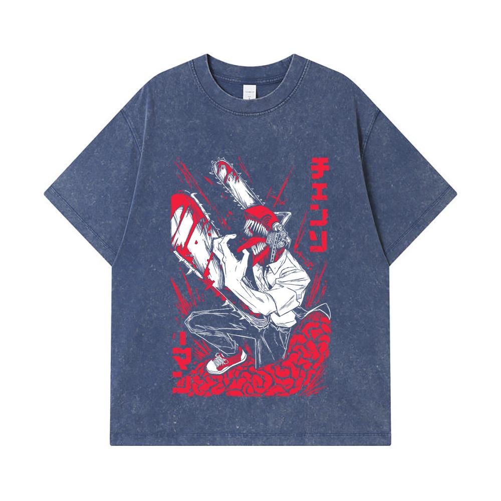 

275 GSM Washed T-shirts 100% Cotton Chainsaw Man V28 Denji Print Unisex Heavy Cotton T Shirt 2XL королівський синій колір