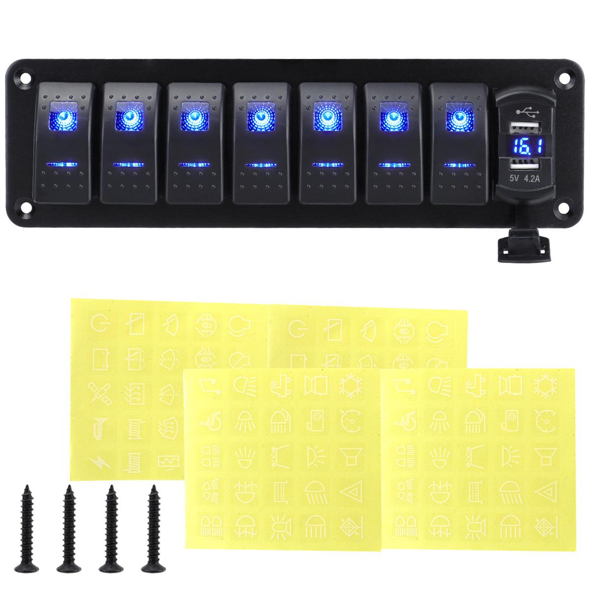 

Цифровий вольтметр 4-клавішний тумблер Водонепроникний 12В/24В Подвійний USB-порт для автомобіля Морська світлодіодна панель перемикачів + наклейка (6+1) 7 digits синій