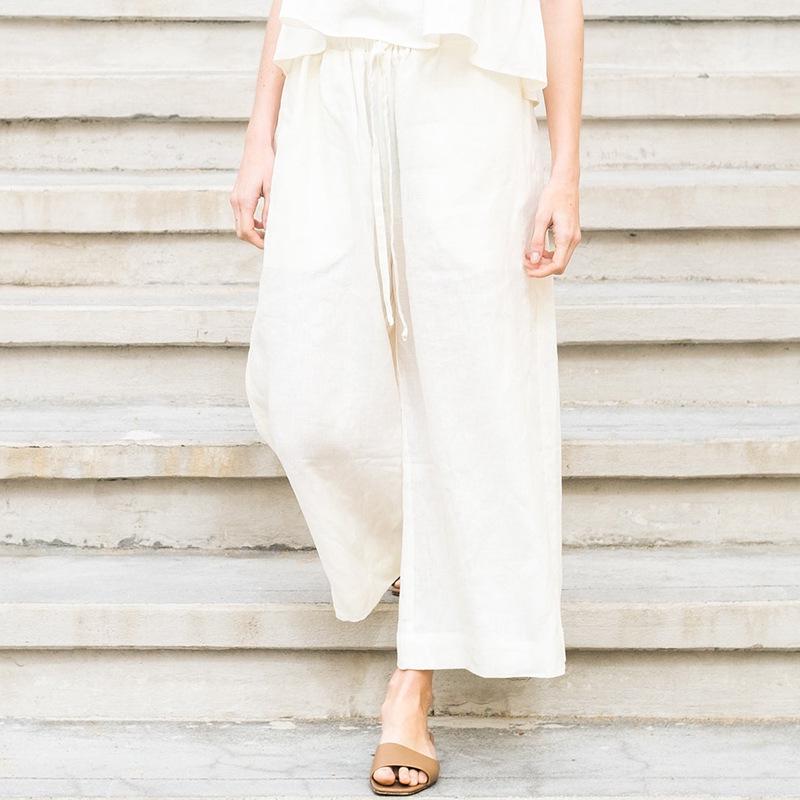 

French Ramie Cotton Wide-Leg Spring Pants: Versatile Petite Fit Large брудно-білий