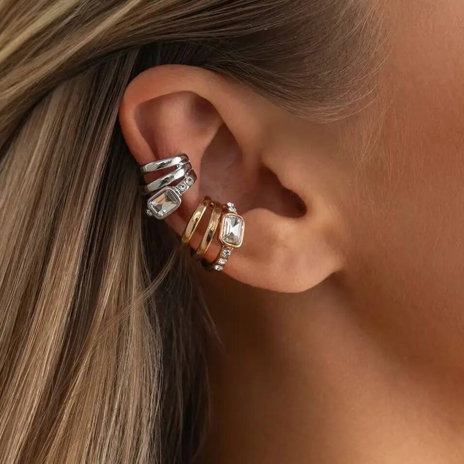 SHIXIN Fashion Rhinestone Multi-layer Clip Earring for Women Creative Simple C Ear Cuff Non-Piercing Ear Clip Set Trendy Jewelry