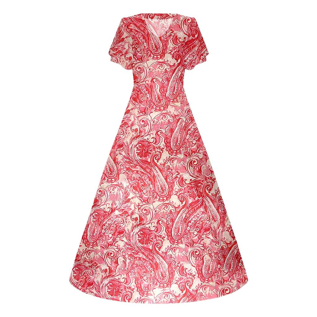 Women Short Sleeve Chiffon Maxi Dress Floral Print V Neck Lightweight Casual Loose Fit Summer Long Dress