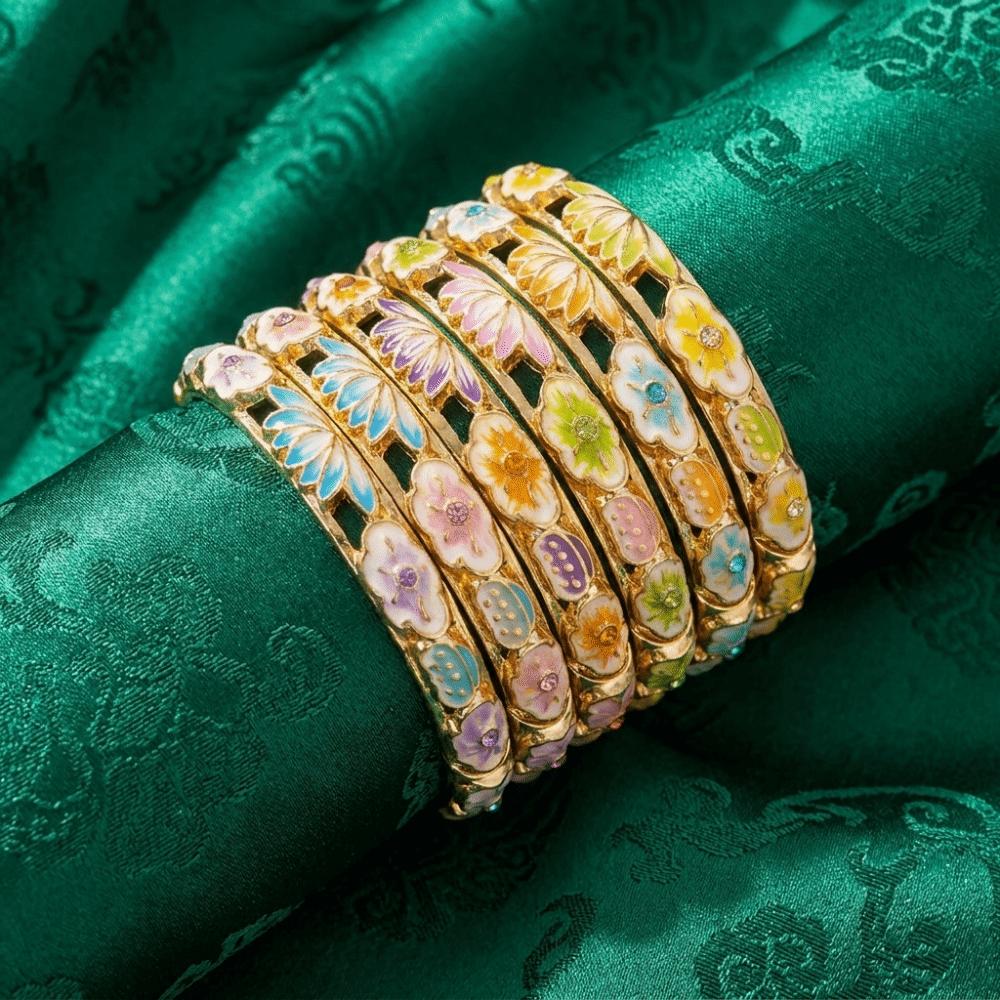 Gold Plated Enamel Floral Bangle Elegant Lotus Floral Open Cuff Bracelet Cloisonne Bangle Ladies