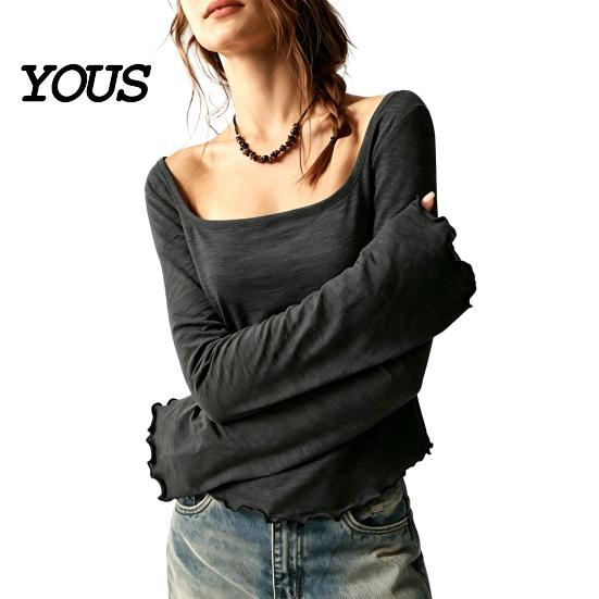Regular Fit Women Tops Square Collar Blouse, Ruffle Cuff Hem Bell Sleeve Top, Office Wear Blouse Breathable Solid Color Casual Shirt for Early Autumn