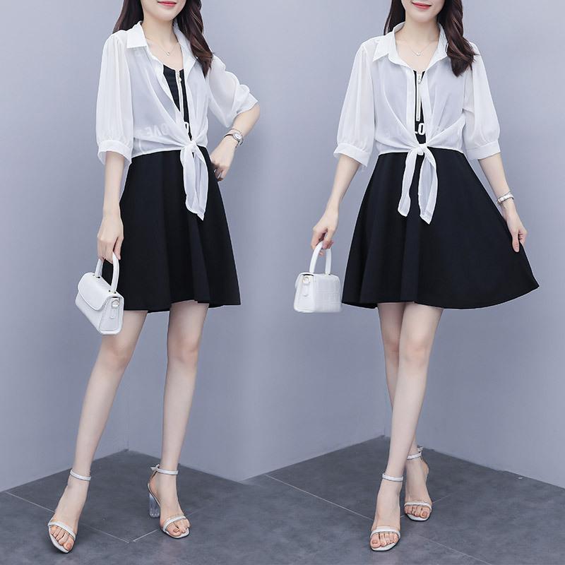 Summer Plus Size Women's Clothing  Fashion Sun Protection Cardigan + Suspender Dress Two-piece Set