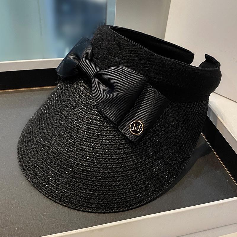 2025 Lettera M Cappello vuoto con fiocco da donna Cappello di paglia parasole estivo Cappello da sole per gita all'aperto