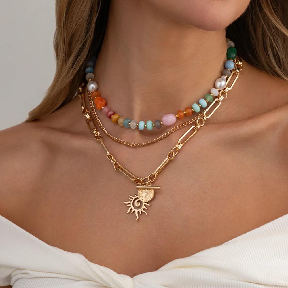 Vintage Gold Color Sun Flower Pendant Necklace Women Geometric Imitation Pearl Resin Glass Beaded Choker Jewelry