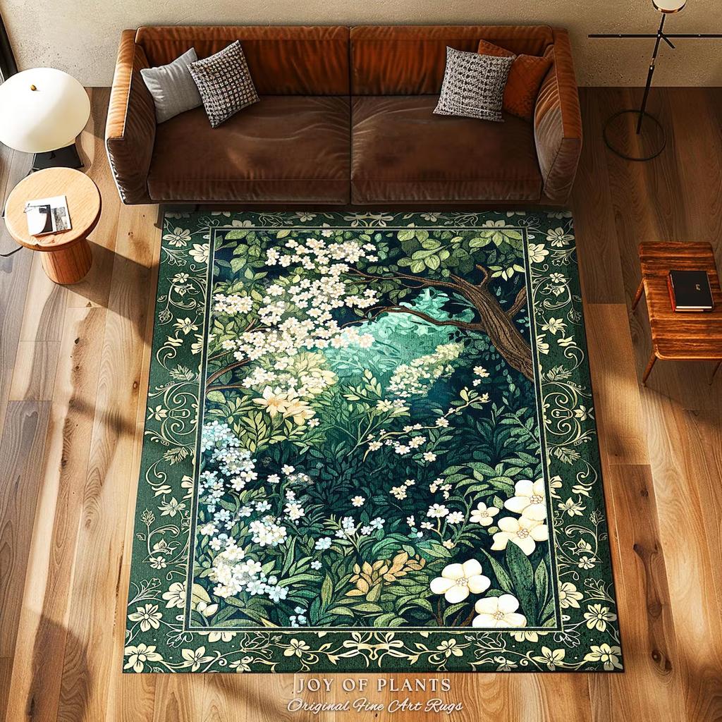 French Botanical Forest Print Carpet Nature Inspired Rug Elegant Floral Design Mat Vintage Style Rugs Bedroom Living Room Decor