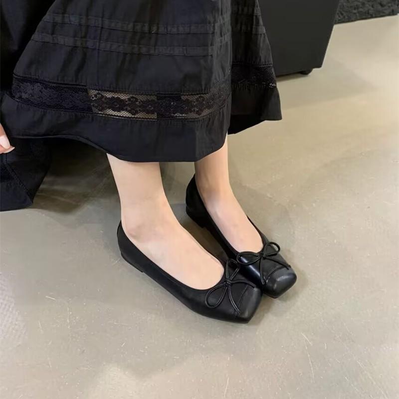 Bow Flat-soled Silver Single Shoes Women's Spring Square Head Comfortable Soft-soled Ballet Shoes